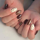 24Pcs Brown French Polka Dot Design Fake Nails Short Round Head False Nails Press on Detachable Artificial Full Cover Nails Tips