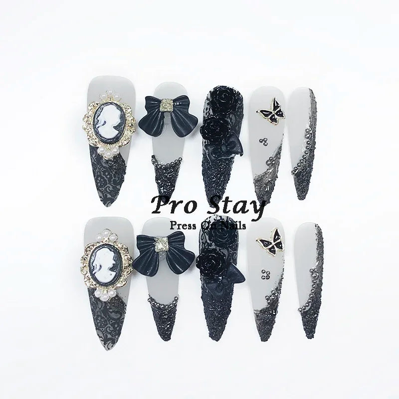 10pcs Y2K Hot Girl Handmade Fake Nails in Black and Red with Gems and Metal Accessories Mine girl Wearable Artificial False Nail