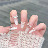 10Pcs Cat Eye Press on Nails French False Nails Wearable Handmade Nail Fake with Diamond Artificial Nail Elegant Full Cover Nail