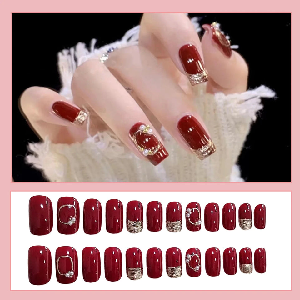 24pcs/Set Gorgeous Wine Red False Nails With Glue Middle Long Round Head Full Nail Tips Finished Fake Nail artificial nails