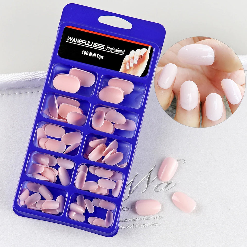 100Pcs Dark Blue Oval Fake Nails Short Acrylic Press On Nails Full Cover False Nail Art Tips Manicure Artificial Nail Tools