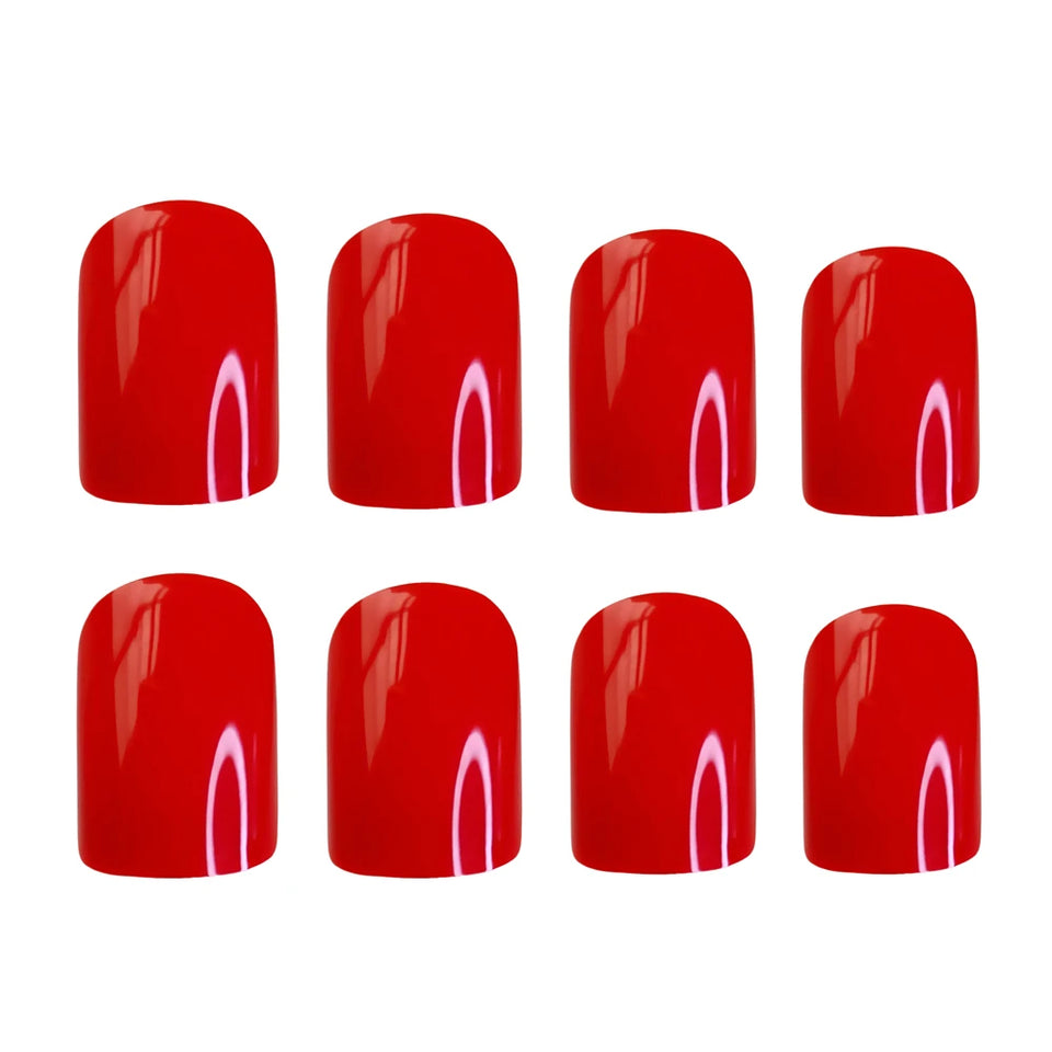 48Pcs Shiny Red Fake Nails With Jelly Glue Short Square Artificial Press On False Nail Full Cover Finger Tip Manicure Tool