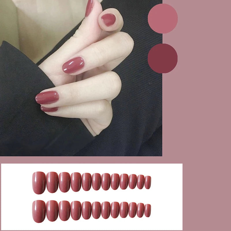 24pcs/Set Gorgeous Wine Red False Nails With Glue Middle Long Round Head Full Nail Tips Finished Fake Nail artificial nails