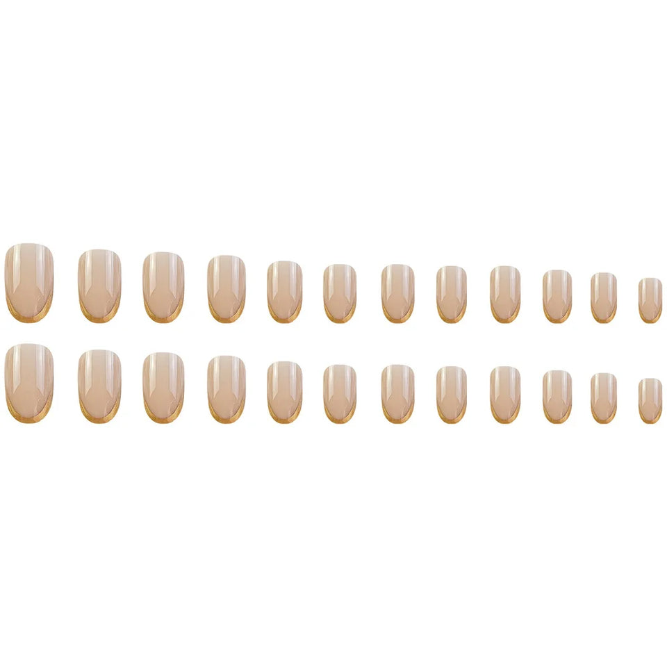 Short Medium Press On Nails Gold French Tip Minimalist Elegant False Nails Full Cover Glue on Artificial Nails for Women Daily