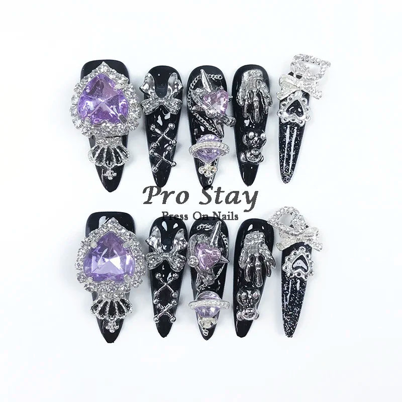 10pcs Y2K Hot Girl Handmade Fake Nails in Black and Red with Gems and Metal Accessories Mine girl Wearable Artificial False Nail