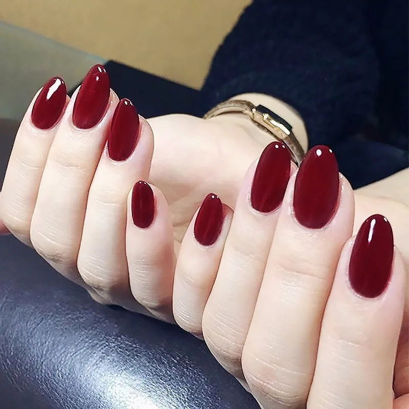 24pcs/Set Gorgeous Wine Red False Nails With Glue Middle Long Round Head Full Nail Tips Finished Fake Nail artificial nails