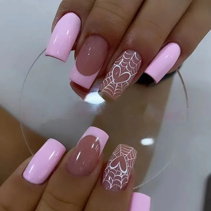 24Pcs/Set Medium Long Halo French Artificial Press on Nail Adhesive Full Coverage Fake Nails Removable Wearing False Nails Tips