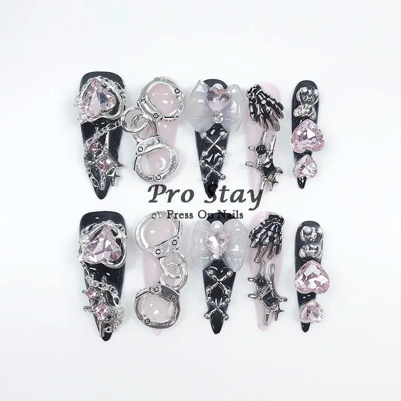 10pcs Y2K Hot Girl Handmade Fake Nails in Black and Red with Gems and Metal Accessories Mine girl Wearable Artificial False Nail