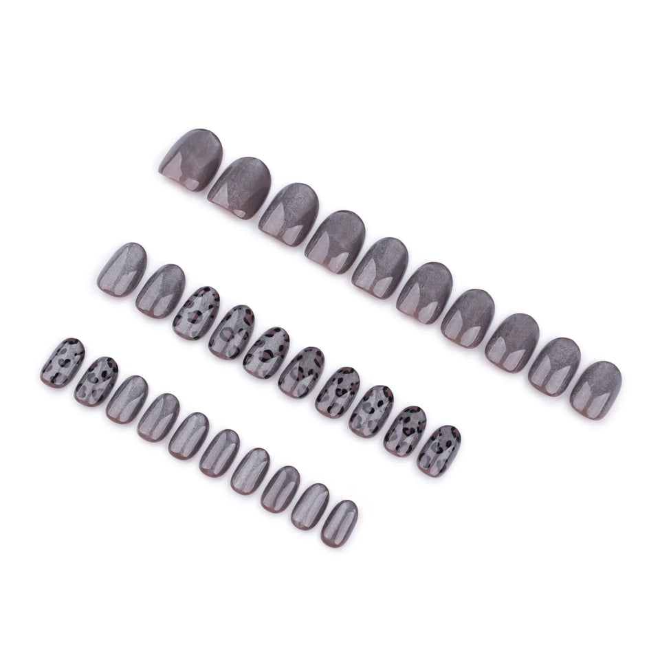24pcs Dark Gray Leopard Print Cat Eyes Press on Nail Short Ellipse Artificial Fake Nails Seamless Removable False Nail