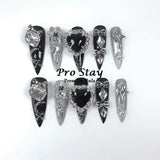 10pcs Y2K Hot Girl Handmade Fake Nails in Black and Red with Gems and Metal Accessories Mine girl Wearable Artificial False Nail