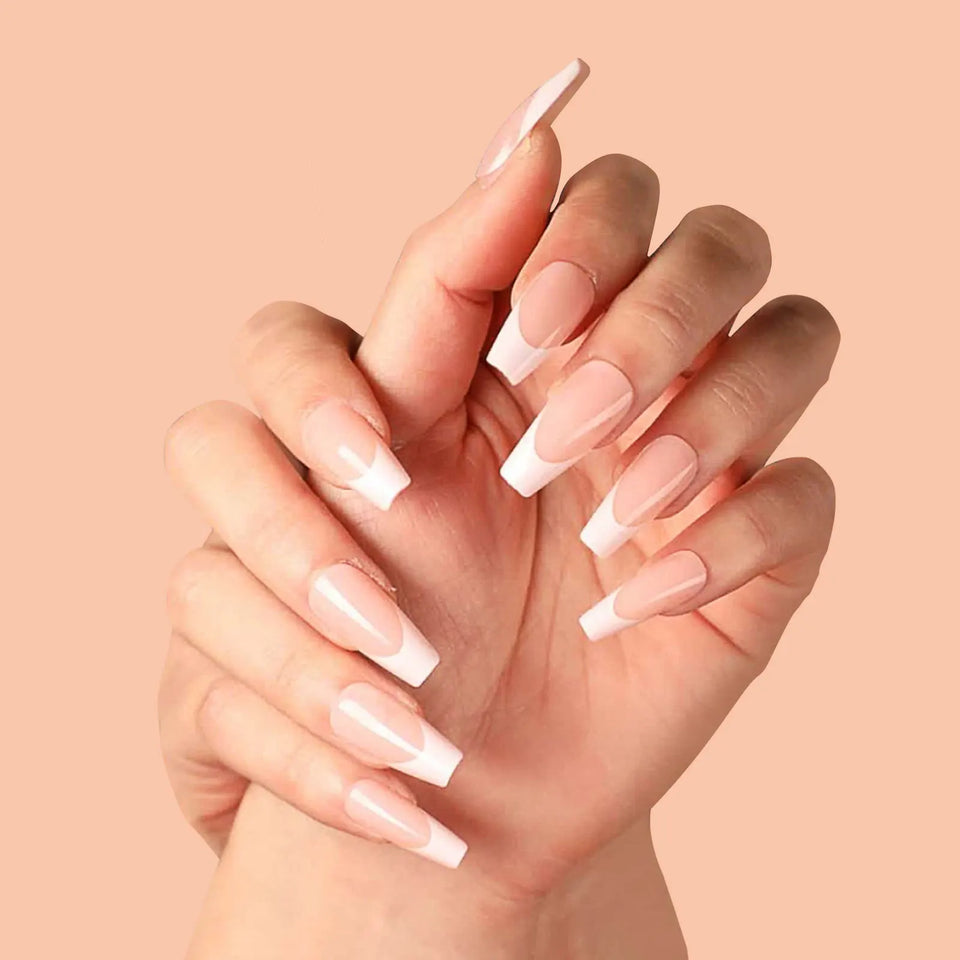 24Pcs/Set Medium Long Halo French Artificial Press on Nail Adhesive Full Coverage Fake Nails Removable Wearing False Nails Tips
