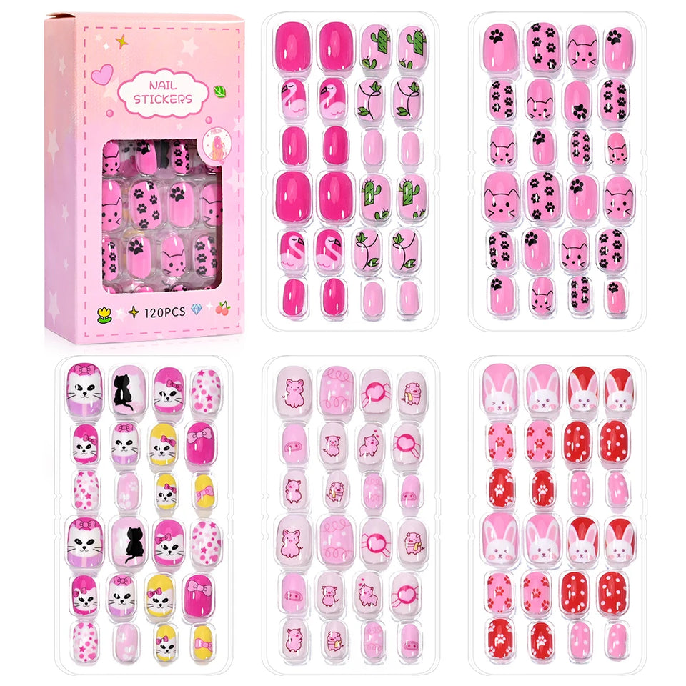 24 Pcs/box Children Cartoon Nail Tips Colorful Artificial Fake Nails for Cute Kids Girls Full Cover Short False Nail Art Kits*