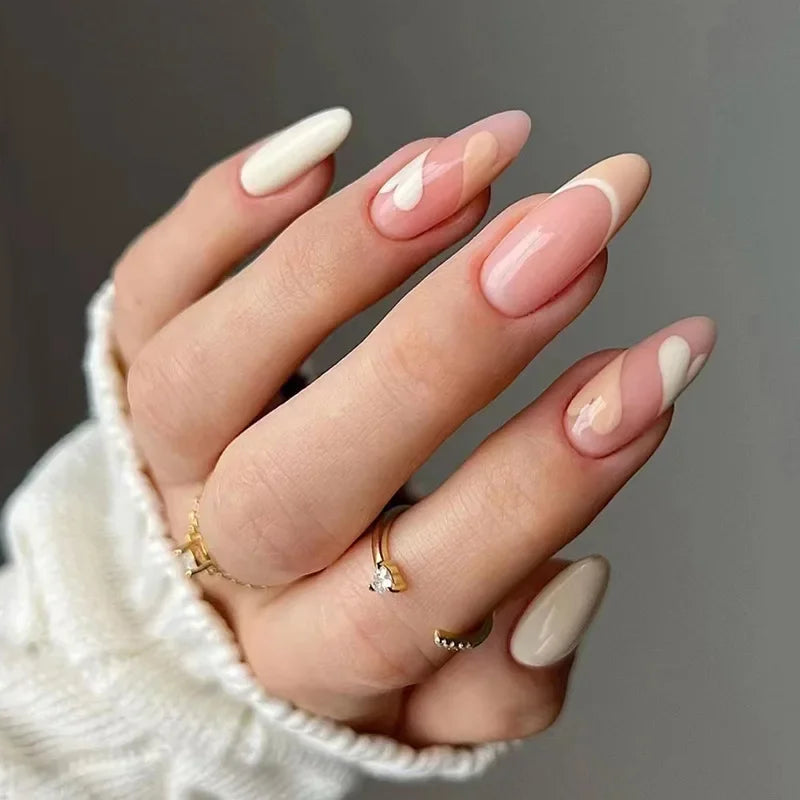 24Pcs/Set Medium Long Halo French Artificial Press on Nail Adhesive Full Coverage Fake Nails Removable Wearing False Nails Tips