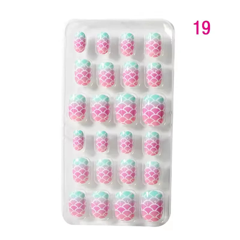 24 Pcs/box Children Cartoon Nail Tips Colorful Artificial Fake Nails for Cute Kids Girls Full Cover Short False Nail Art Kits*