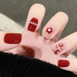24pcs/Set Gorgeous Wine Red False Nails With Glue Middle Long Round Head Full Nail Tips Finished Fake Nail artificial nails
