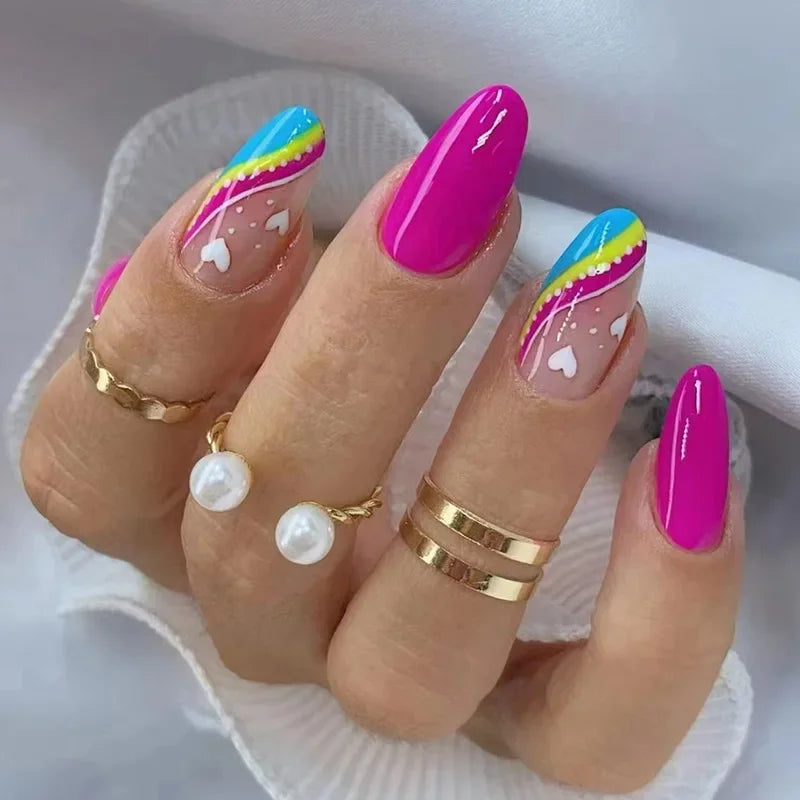 24Pcs/Set Medium Long Halo French Artificial Press on Nail Adhesive Full Coverage Fake Nails Removable Wearing False Nails Tips