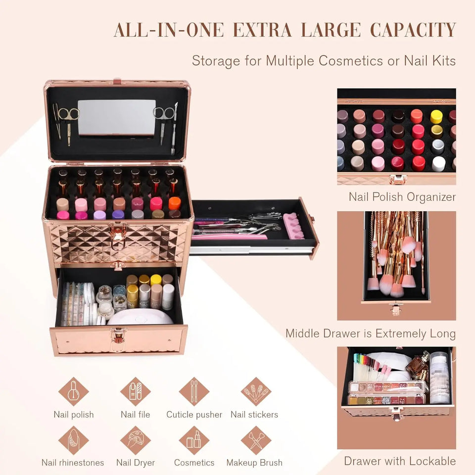 Professional Makeup Organizer Case with Drawer, Mirror, and Dividers for Travel Cosmetics and Nail Tech Kits