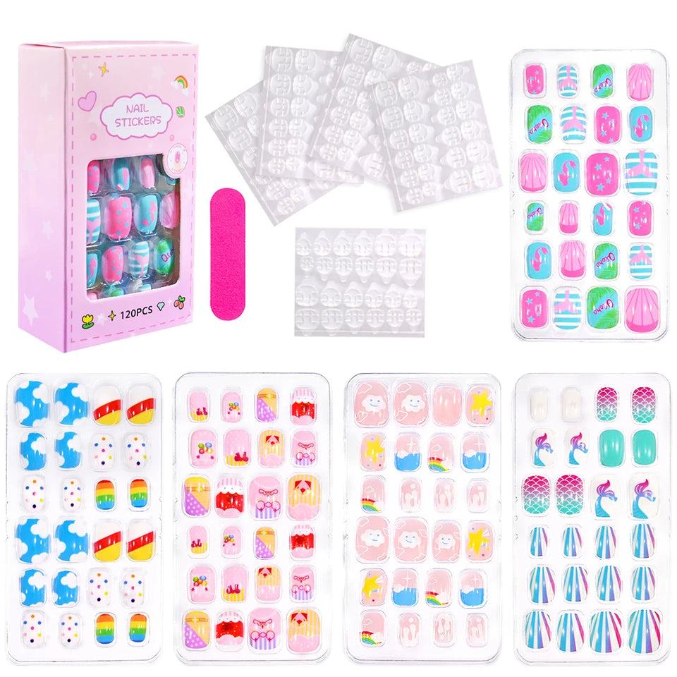 24 Pcs/box Children Cartoon Nail Tips Colorful Artificial Fake Nails for Cute Kids Girls Full Cover Short False Nail Art Kits*