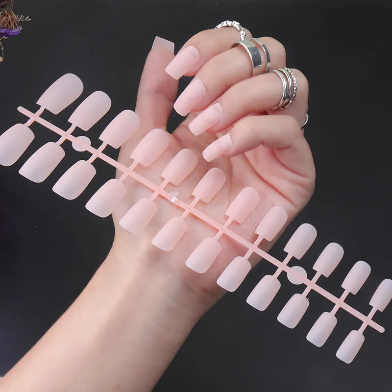 24Pcs/Set Matte False Nails Glue Square Head Frosted Press On Fake Nail Tips Full Cover Artificial Fingernails Ballet Detachable