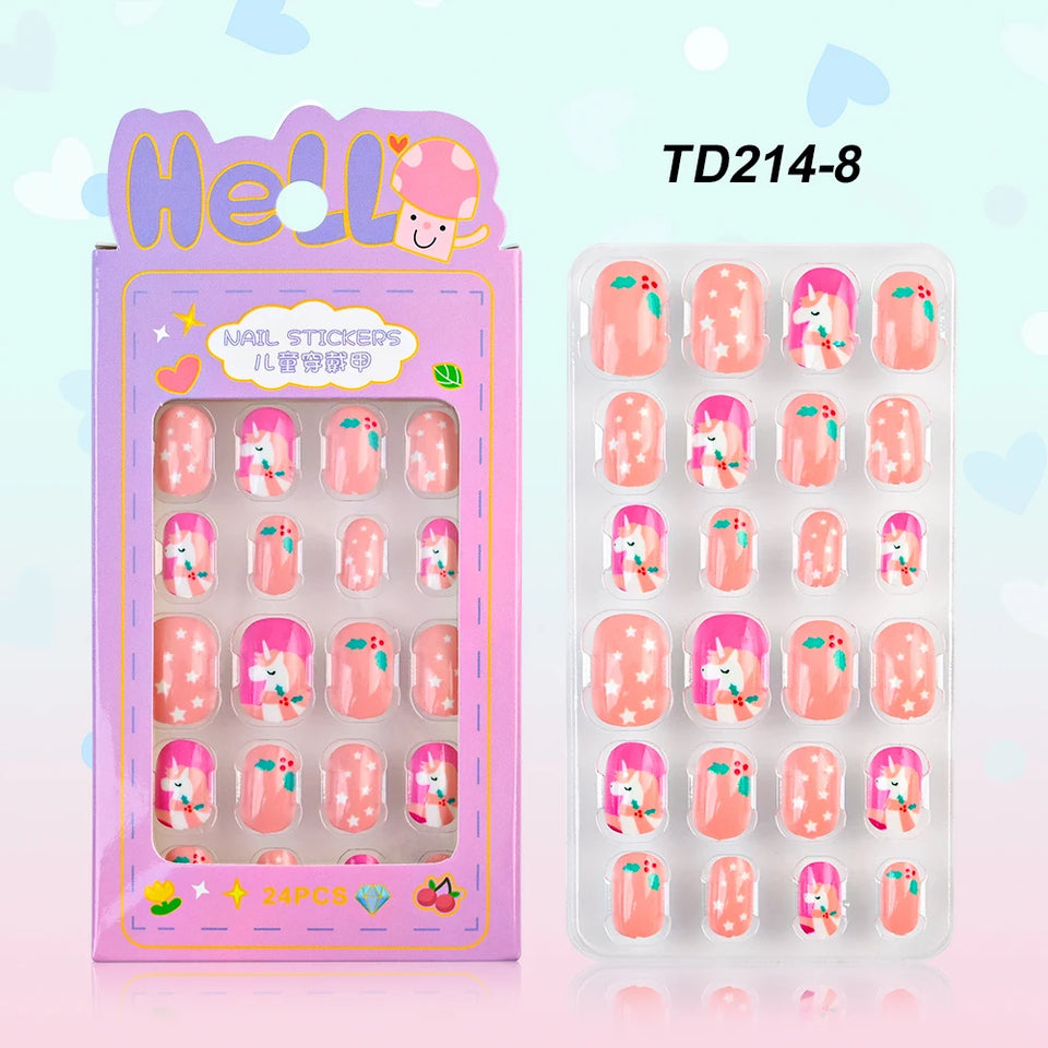 24 Pcs/box Children Cartoon Nail Tips Colorful Artificial Fake Nails for Cute Kids Girls Full Cover Short False Nail Art Kits*