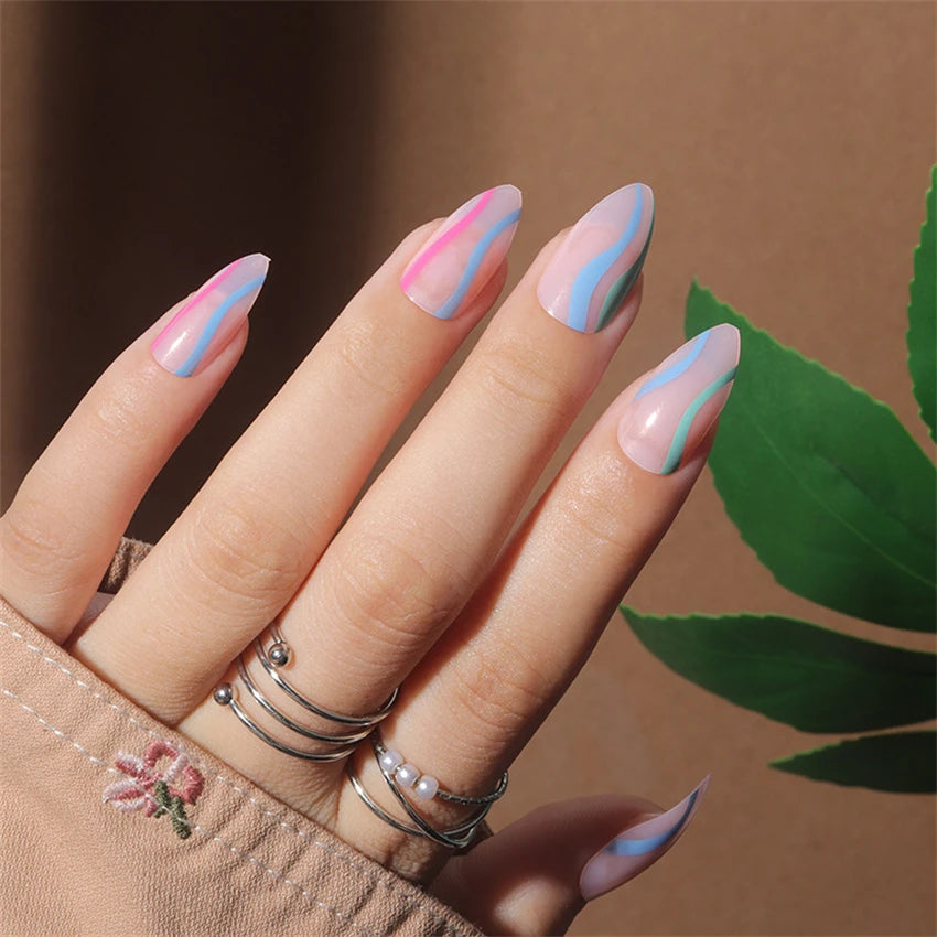24Pcs/Set Medium Long Halo French Artificial Press on Nail Adhesive Full Coverage Fake Nails Removable Wearing False Nails Tips