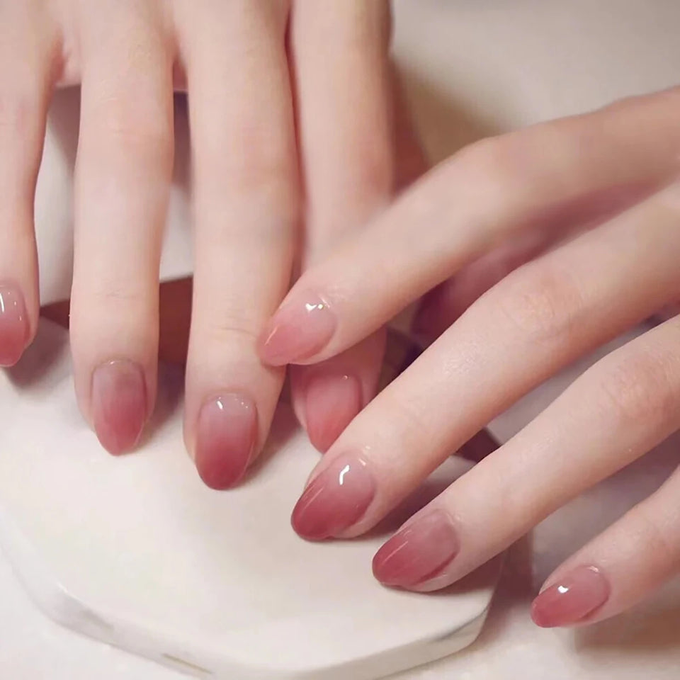 24pcs/Set Gorgeous Wine Red False Nails With Glue Middle Long Round Head Full Nail Tips Finished Fake Nail artificial nails