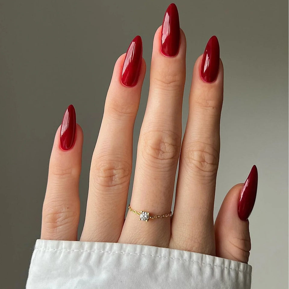 24pcs/Set Gorgeous Wine Red False Nails With Glue Middle Long Round Head Full Nail Tips Finished Fake Nail artificial nails