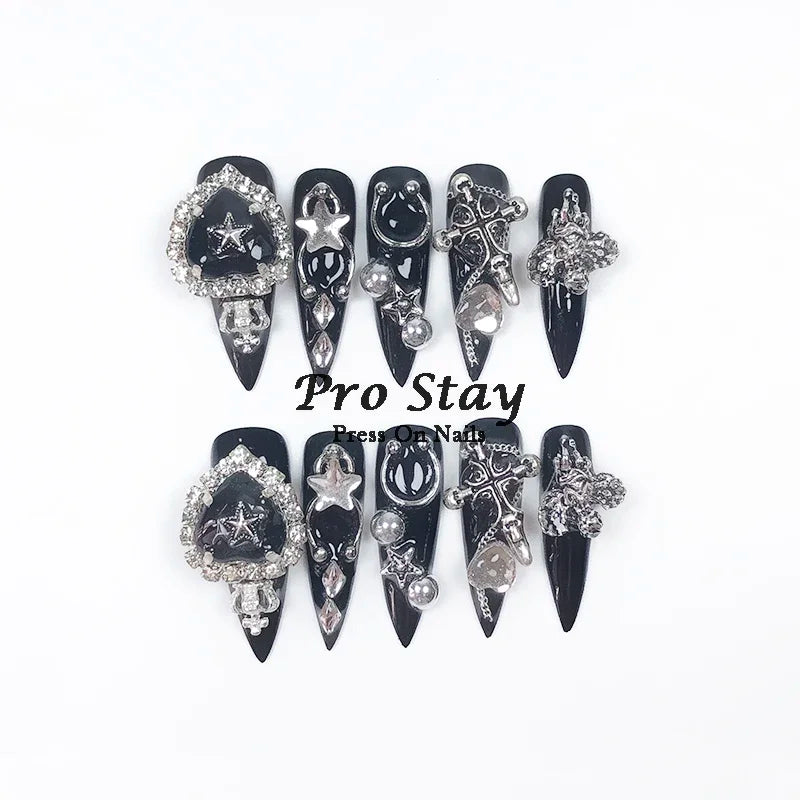 10pcs Y2K Hot Girl Handmade Fake Nails in Black and Red with Gems and Metal Accessories Mine girl Wearable Artificial False Nail