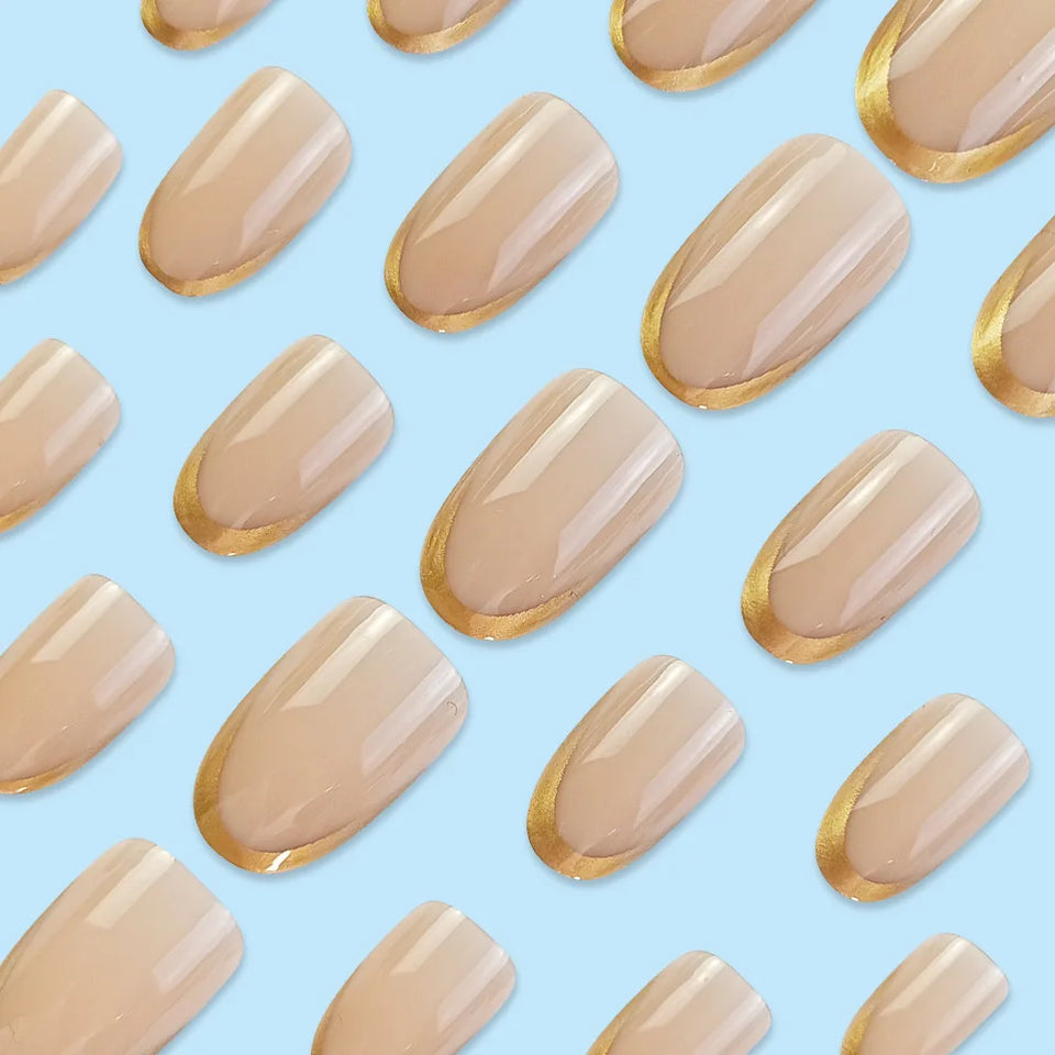 Short Medium Press On Nails Gold French Tip Minimalist Elegant False Nails Full Cover Glue on Artificial Nails for Women Daily