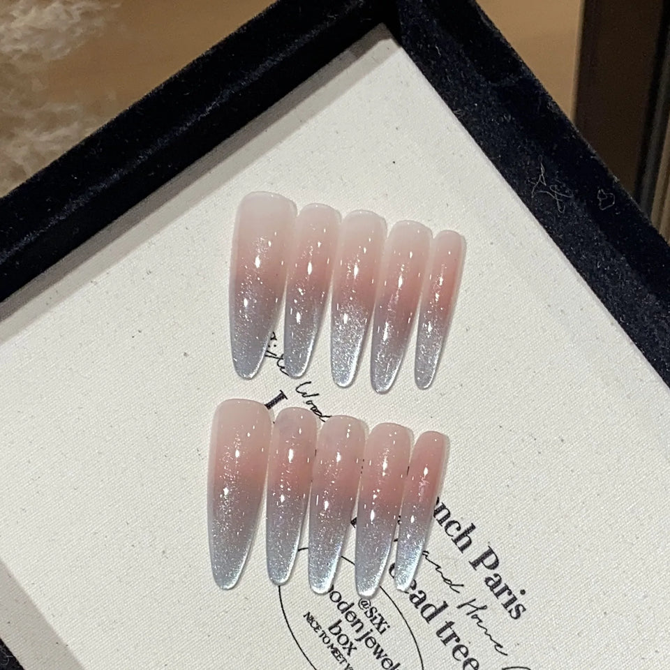 10Pcs Cat Eye Press on Nails French False Nails Wearable Handmade Nail Fake with Diamond Artificial Nail Elegant Full Cover Nail