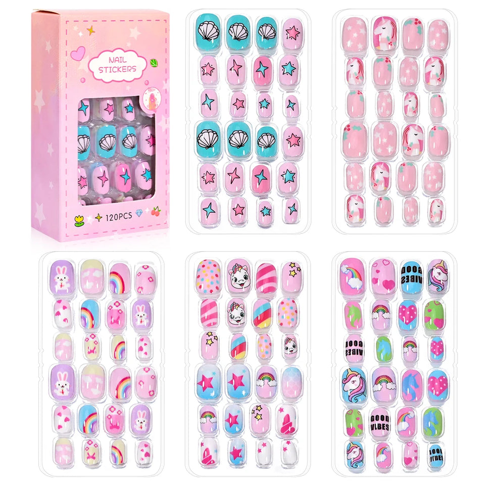 24 Pcs/box Children Cartoon Nail Tips Colorful Artificial Fake Nails for Cute Kids Girls Full Cover Short False Nail Art Kits*