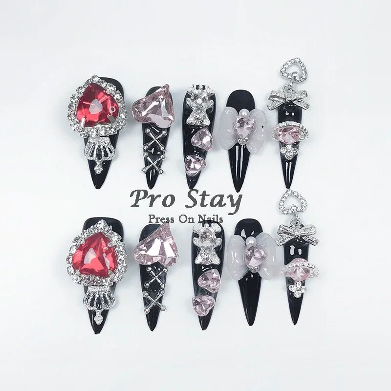 10pcs Y2K Hot Girl Handmade Fake Nails in Black and Red with Gems and Metal Accessories Mine girl Wearable Artificial False Nail