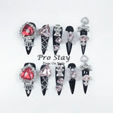 10pcs Y2K Hot Girl Handmade Fake Nails in Black and Red with Gems and Metal Accessories Mine girl Wearable Artificial False Nail