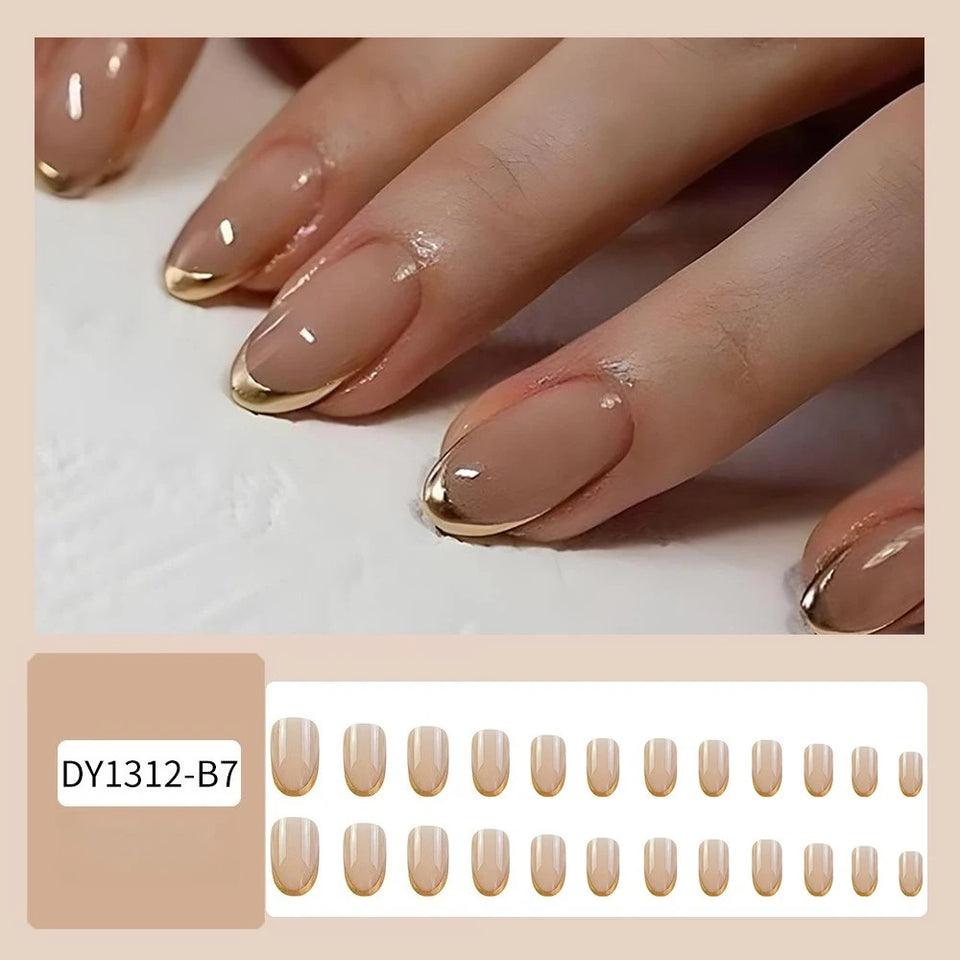 Short Medium Press On Nails Gold French Tip Minimalist Elegant False Nails Full Cover Glue on Artificial Nails for Women Daily