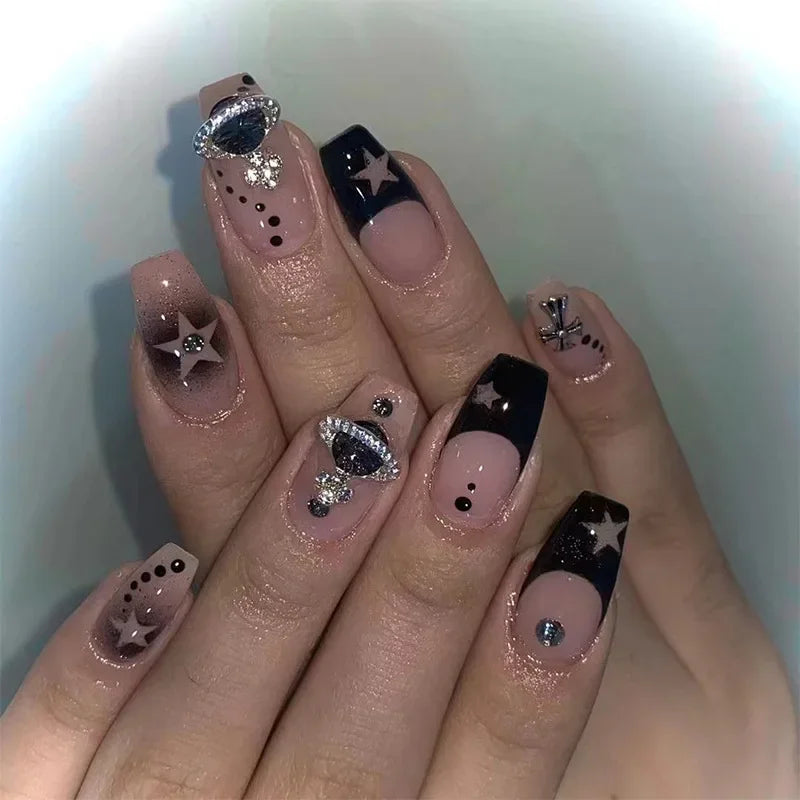 24Pcs/Set Medium Long Halo French Artificial Press on Nail Adhesive Full Coverage Fake Nails Removable Wearing False Nails Tips