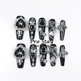 10pcs Y2K Hot Girl Handmade Fake Nails in Black and Red with Gems and Metal Accessories Mine girl Wearable Artificial False Nail