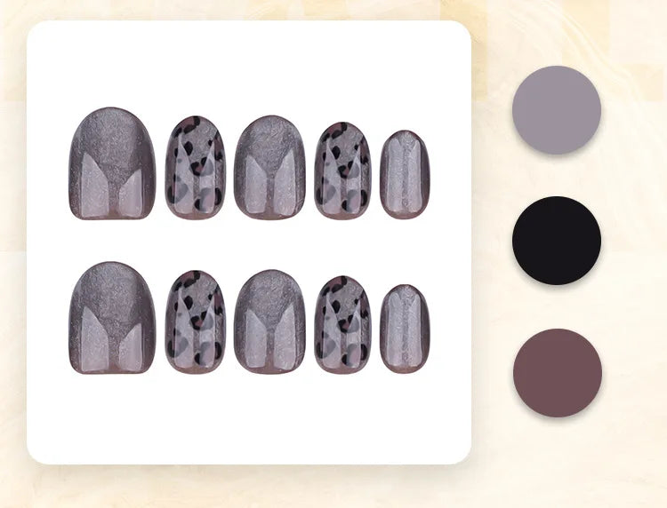 24pcs Dark Gray Leopard Print Cat Eyes Press on Nail Short Ellipse Artificial Fake Nails Seamless Removable False Nail
