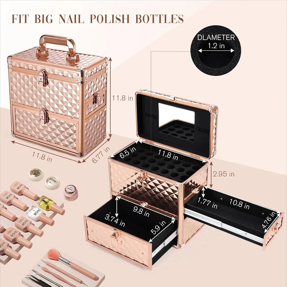 Professional Makeup Organizer Case with Drawer, Mirror, and Dividers for Travel Cosmetics and Nail Tech Kits