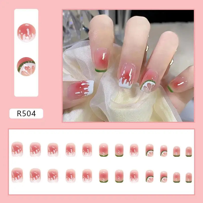 24Pcs Korean Fresh False Nails Patch Artificial Press On Wearing False Nails Detachable Fake Fingernails Full Cover Nail Tips