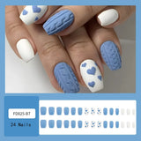 Valentine's Day False Nails with Glue Blue Heart Press on Nails 3d Fake Nails Matte Artificial Finger Manicure Reusable Nails