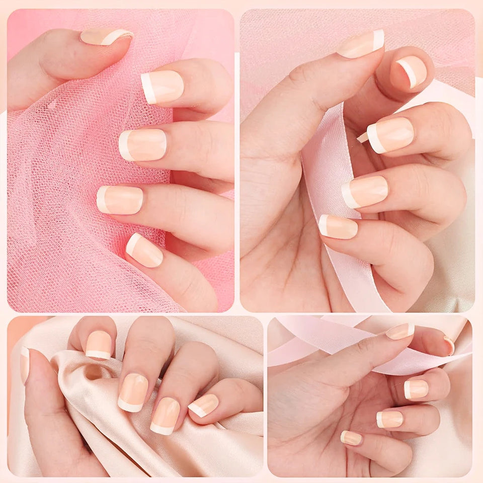120pcs French Tip Press-On Nails Set Glossy Nude & White Short Square Acrylic Fake Nails Full Cover Brightening Fingernails Tips