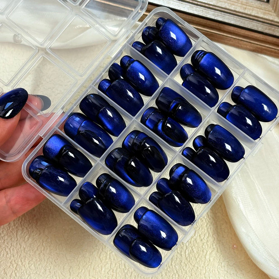 30/144Pcs Glossy Dark Blue Cat Eye False Nails Sparkly  Medium Oval Blue Press On Nails Artificial Full Cover Finger Fake Nails