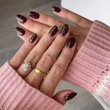24Pcs Brown French Polka Dot Design Fake Nails Short Round Head False Nails Press on Detachable Artificial Full Cover Nails Tips