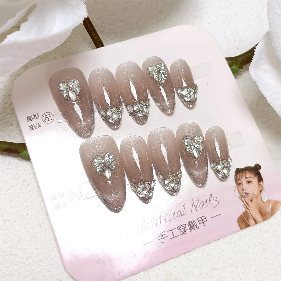 10Pcs Cat Eye Press on Nails French False Nails Wearable Handmade Nail Fake with Diamond Artificial Nail Elegant Full Cover Nail
