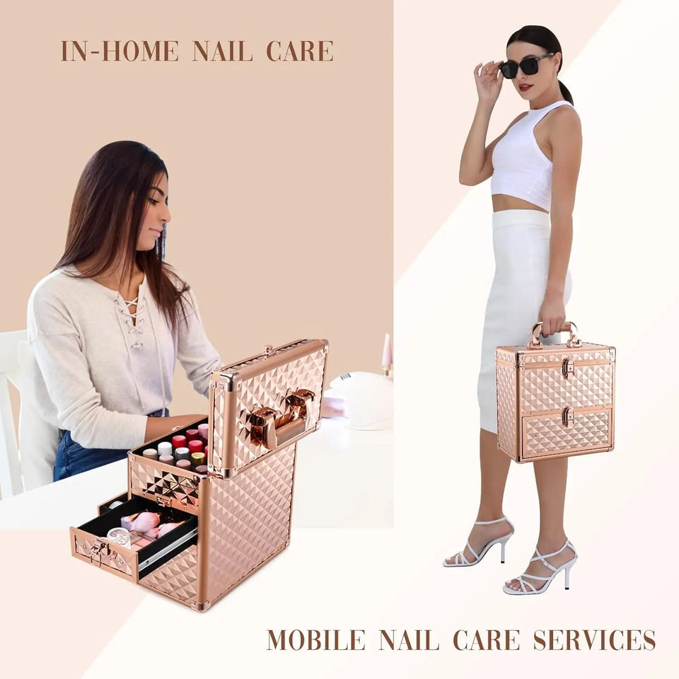 Professional Makeup Organizer Case with Drawer, Mirror, and Dividers for Travel Cosmetics and Nail Tech Kits