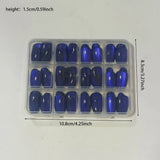 30/144Pcs Glossy Dark Blue Cat Eye False Nails Sparkly  Medium Oval Blue Press On Nails Artificial Full Cover Finger Fake Nails