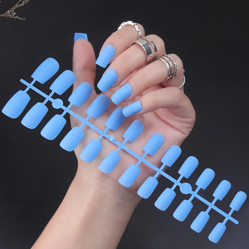 24Pcs/Set Matte False Nails Glue Square Head Frosted Press On Fake Nail Tips Full Cover Artificial Fingernails Ballet Detachable