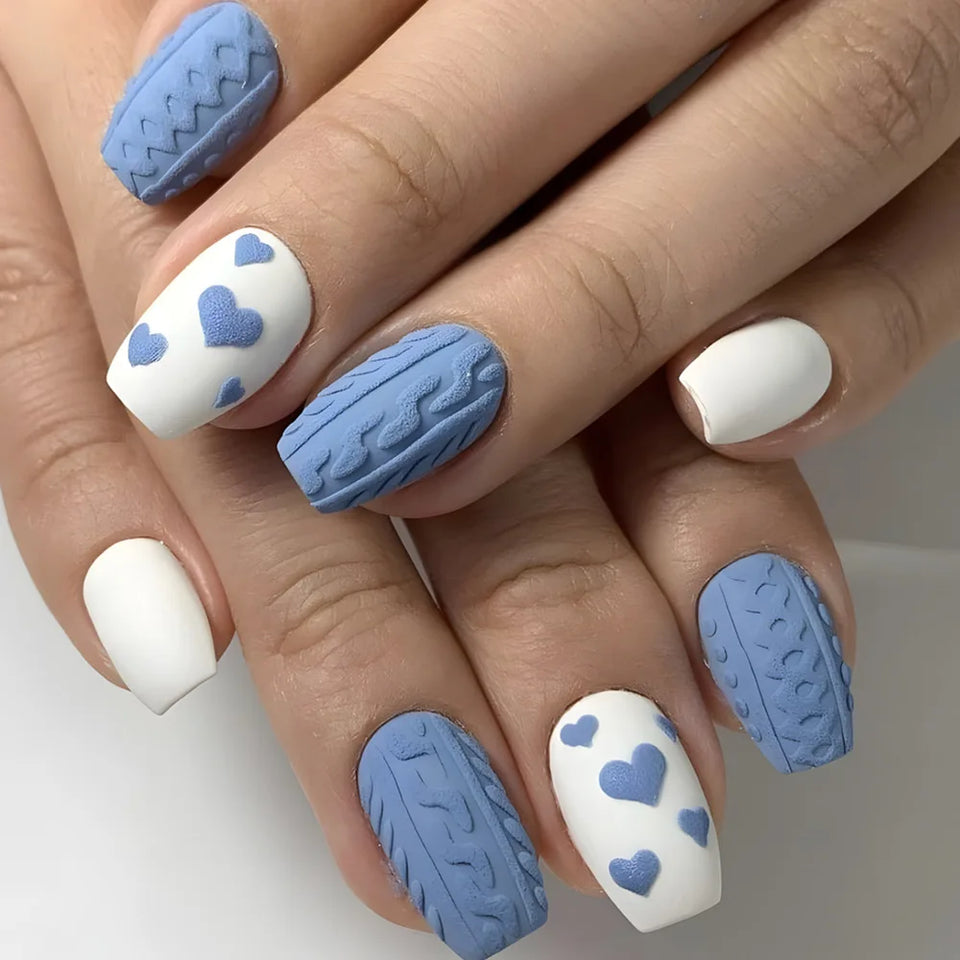 Valentine's Day False Nails with Glue Blue Heart Press on Nails 3d Fake Nails Matte Artificial Finger Manicure Reusable Nails