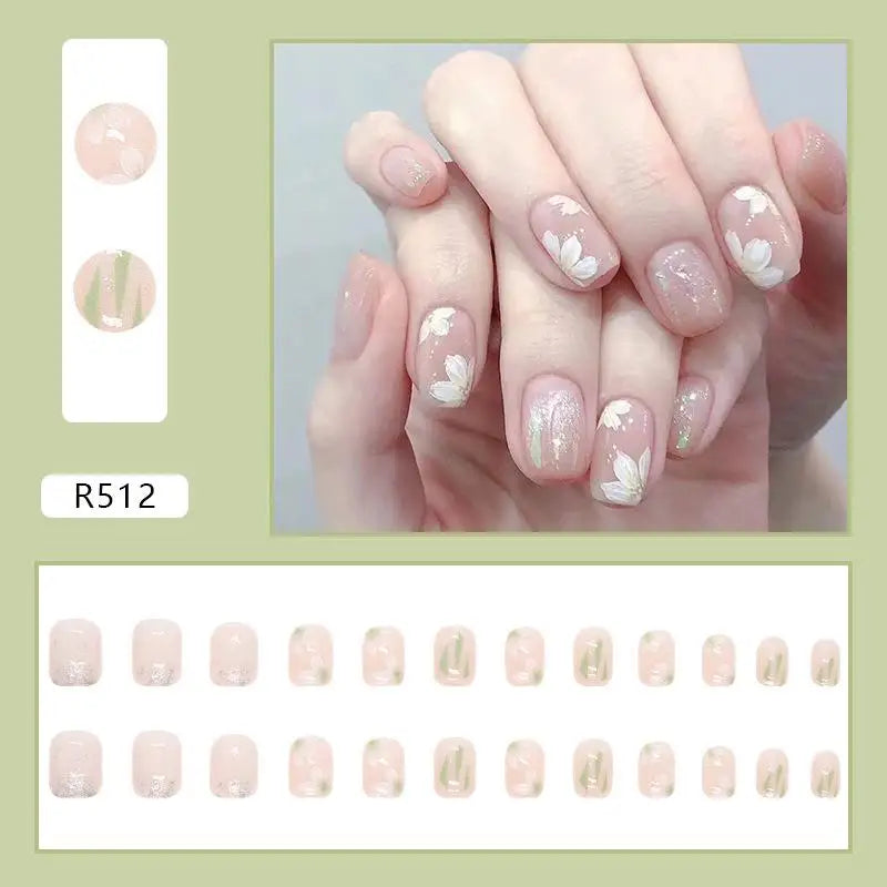 24Pcs Korean Fresh False Nails Patch Artificial Press On Wearing False Nails Detachable Fake Fingernails Full Cover Nail Tips