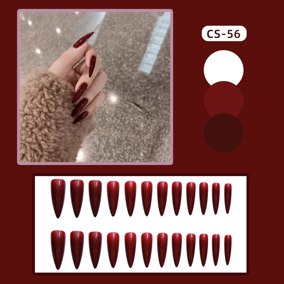 24pcs/Set Gorgeous Wine Red False Nails With Glue Middle Long Round Head Full Nail Tips Finished Fake Nail artificial nails